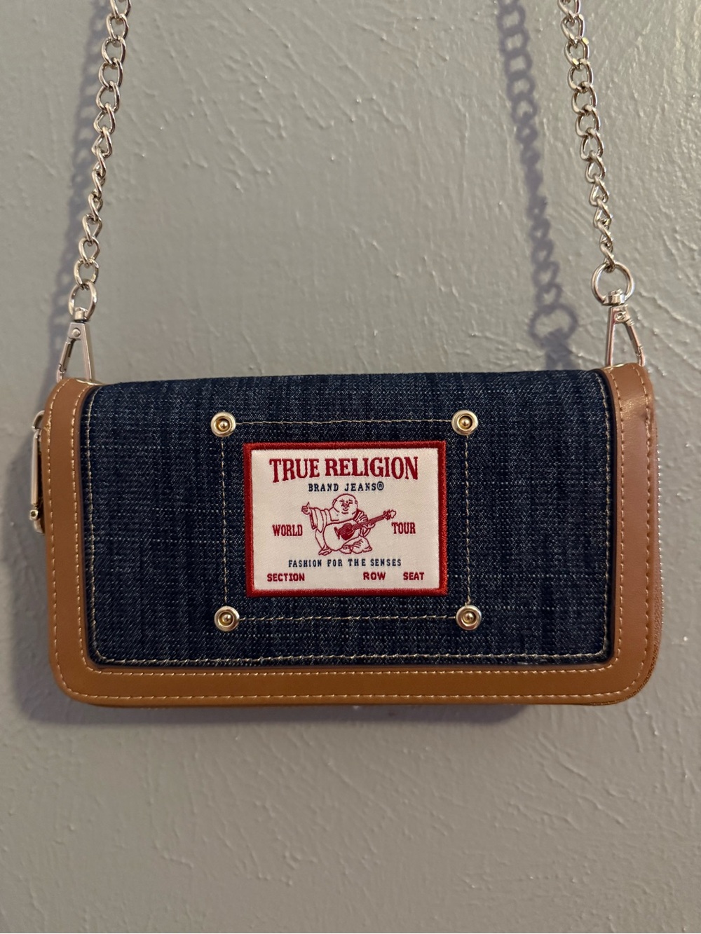 True Religion Denim and Tan Chain Strap Crossbody